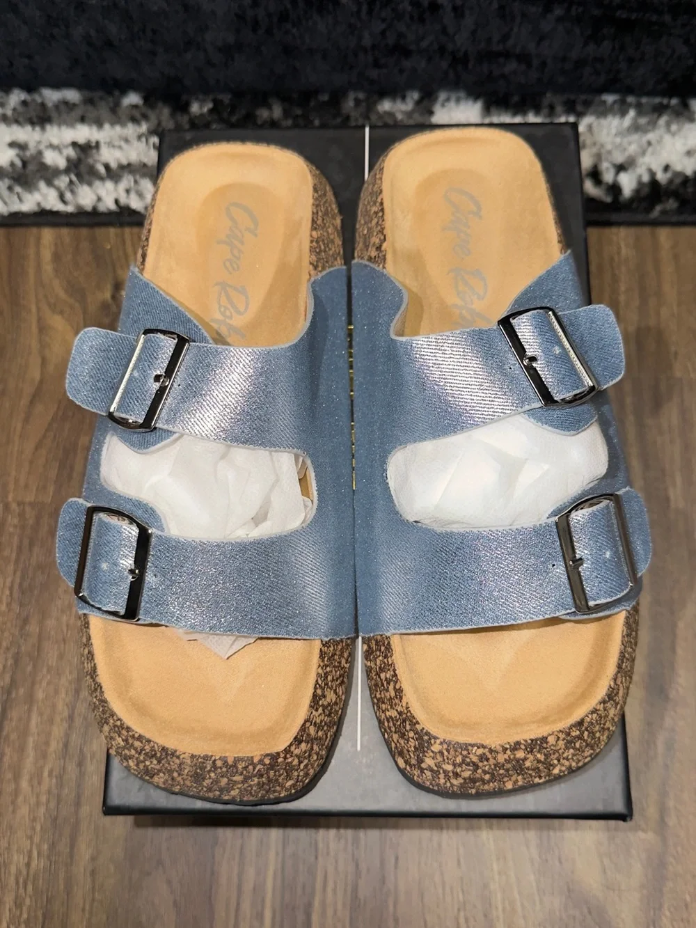 Sparkle Silver-Blue Double-Buckle Slide Sandals